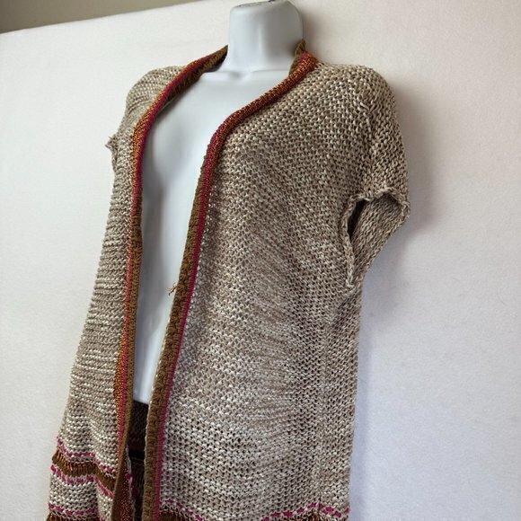 Chicos cardigan women 1 M8 Open Knit Sweater tan pink metallic longline short sl - Picture 4 of 9